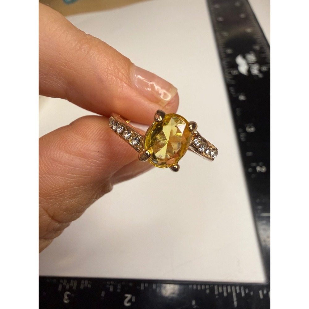 Gold Tone Bypass Ring Oval Yellow Stone Clear Crystal Accents Size 8